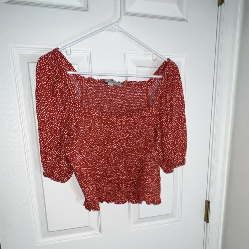LOFT S Red White Polka Dot Smocked Square Neck Puff Sleeve Blouse Ruffle
